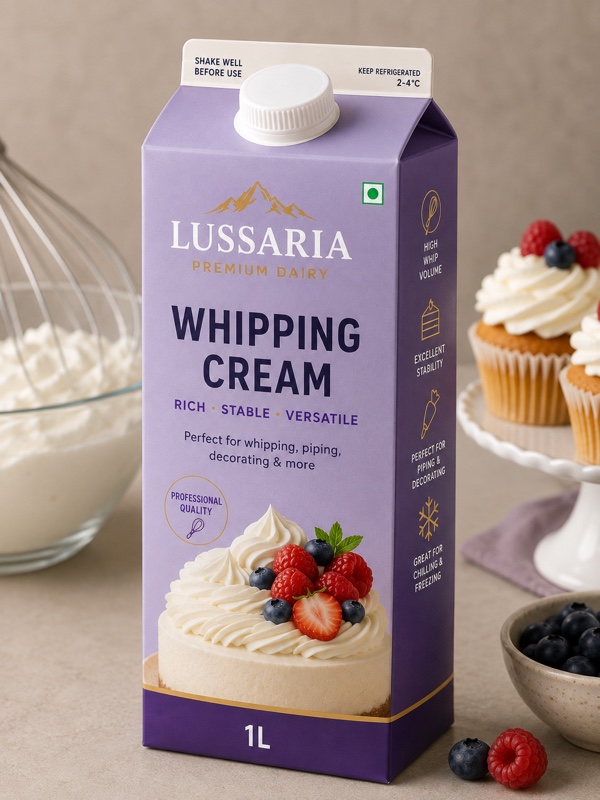 Lussaria Whipping Cream — 1 L · Rich · Stable · Versatile, packaging preview